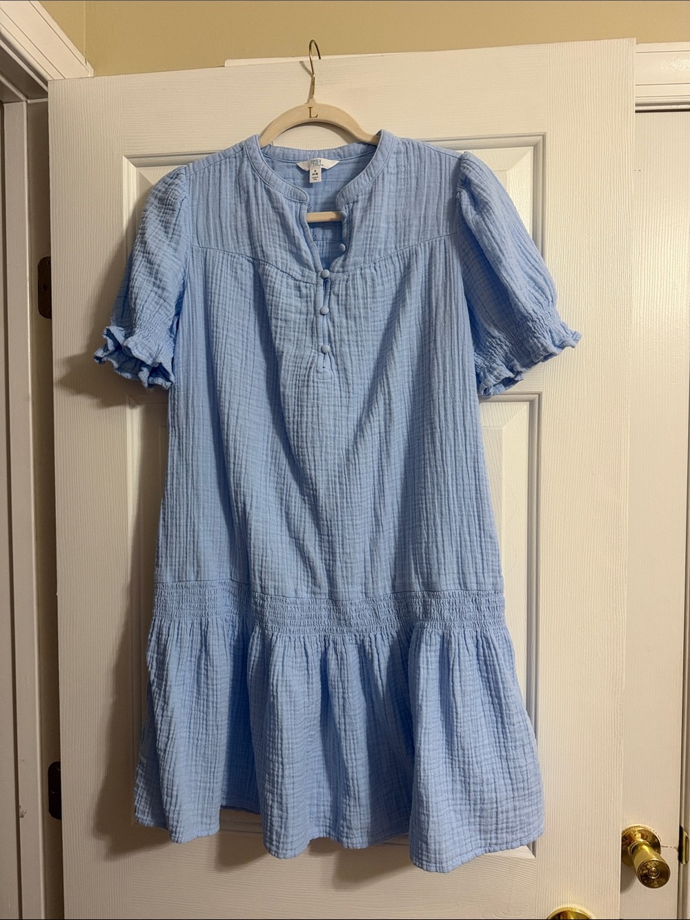 Time and Tru Blue Short Sleeve V Neck Gauze Puff Sleeve Mini Dress Size Small